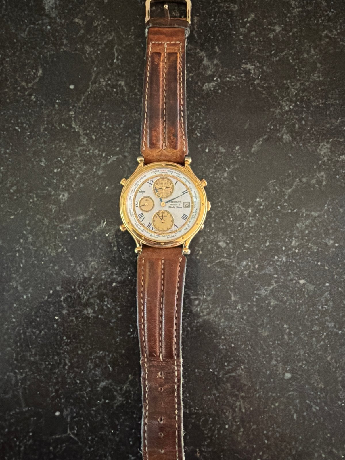 Seiko Quartz World Timer Herenhorloge - Goudkleurig, Polshorloge, Ophalen of Verzenden, Overige materialen, Seiko
