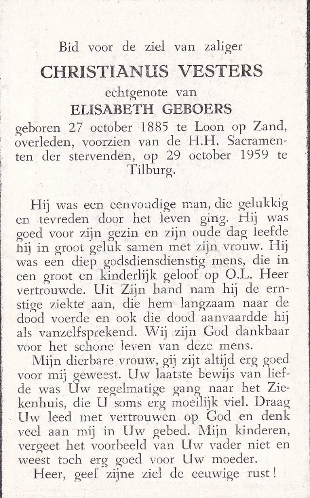 Vesters Christianus 1885 Loon op Zand  1959 Tilburg, Ophalen of Verzenden, Bidprentje