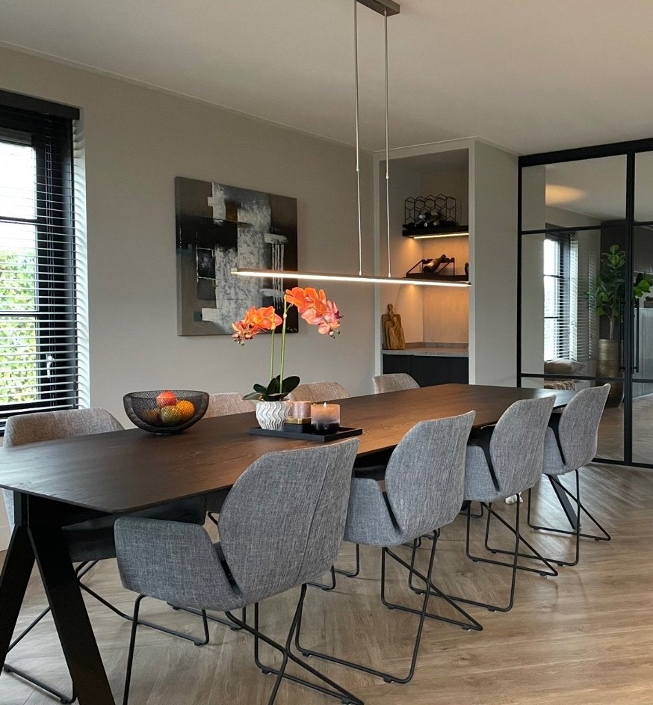 Eetkamerstoelen (Goossens) 8st middengrijs gemêleerd ZGAN, Huis en Inrichting, Stoelen, Ophalen, Strak, Zo goed als nieuw, Vijf, Zes of meer stoelen