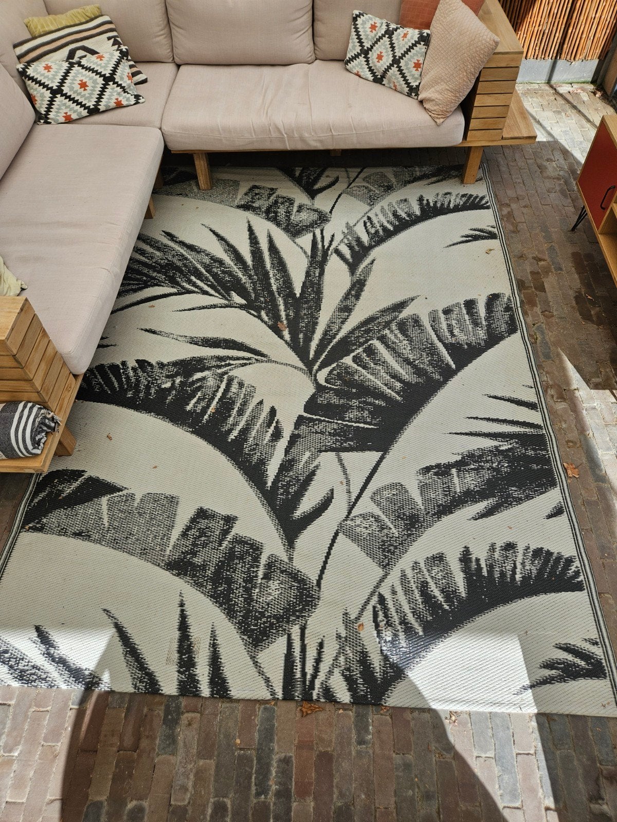 Buitenkleed met palmbladprint 180x255 cm, Ophalen, Gebruikt, Tropisch, Modern, 150 tot 200 cm