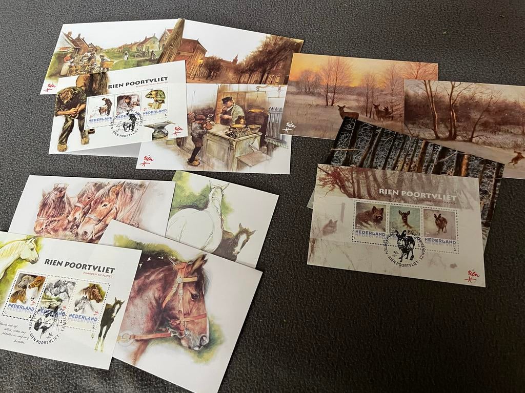 3 sets Rien Poortvliet kaarten met bijbehorende postzegels, Ophalen of Verzenden, 1980 tot heden, Ongelopen, Natuur