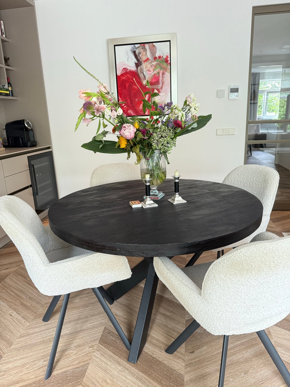 Moderne ronde eettafel met 4 stoelen, Ophalen, Gebruikt, Zwart, Vier