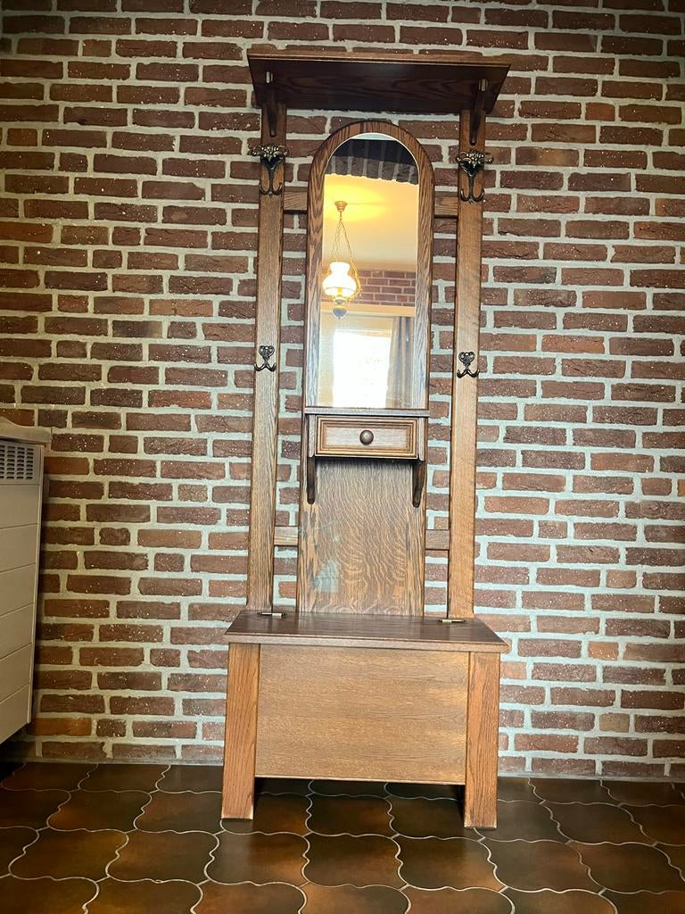 Antieke houten kapstok met spiegel en lade, Ophalen