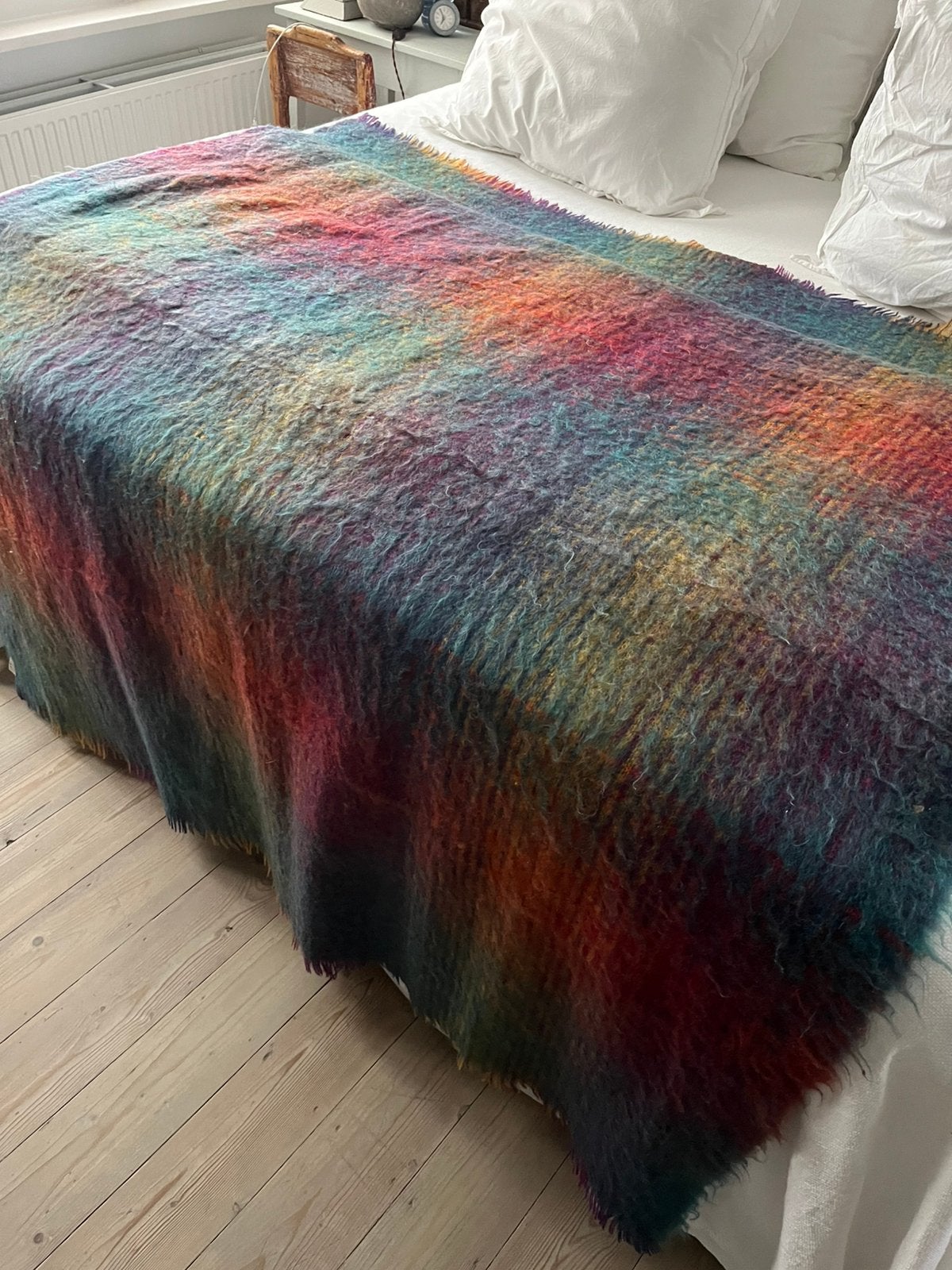 LUXE VINTAGE THROW PLAID DEKEN WOONDEKEN FRANS BVT MOHAIR, Wol, Ophalen of Verzenden, Zo goed als nieuw, Met franjes/kwastjes