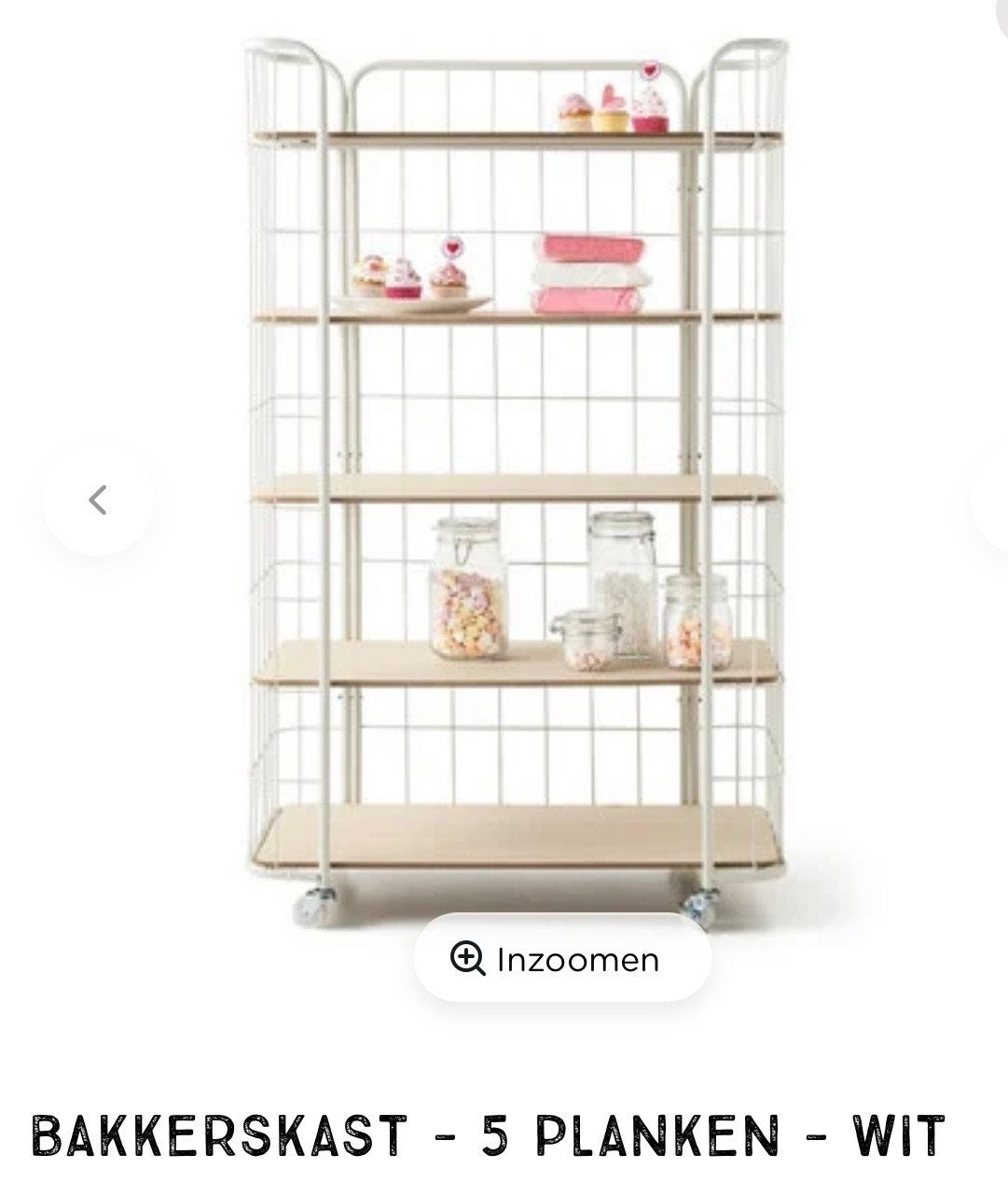 Witte bakkerskast met 5 planken en wieltjes, Ophalen, Gebruikt