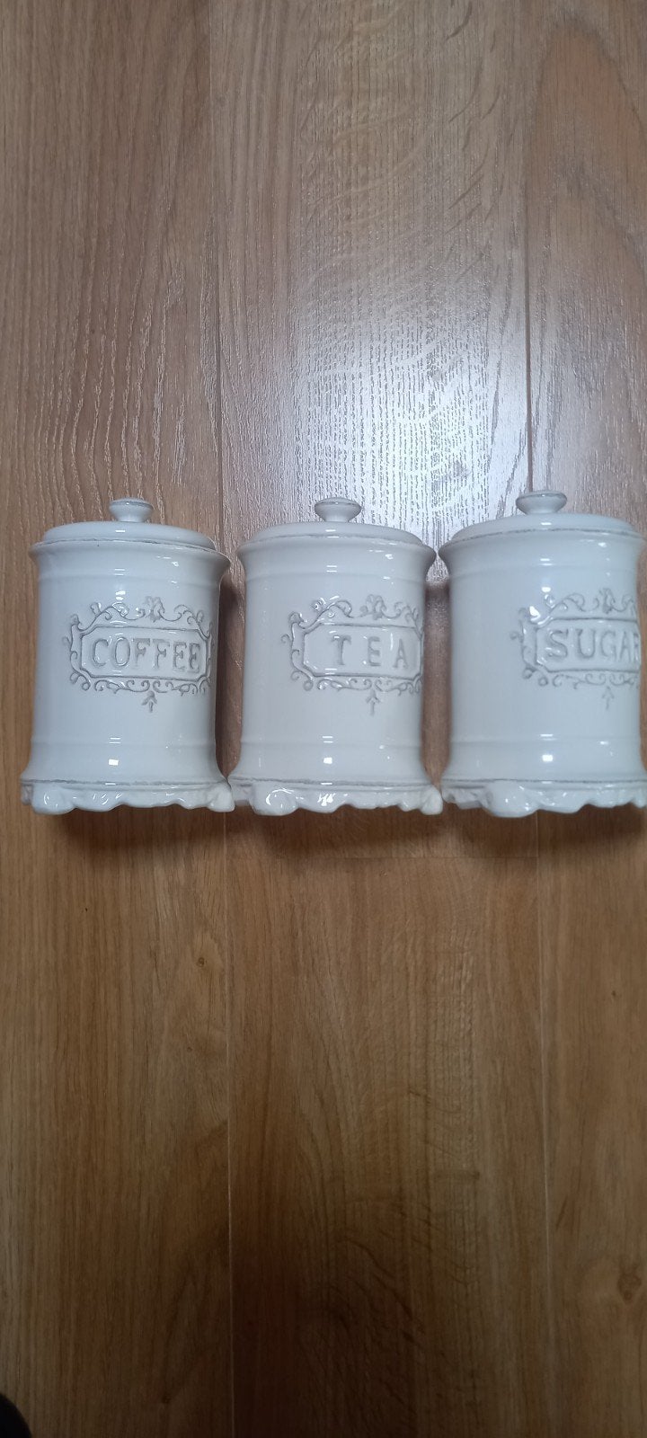 Set van 3 keramische voorraadpotten: Koffie, Thee, Suiker, Huis en Inrichting, Ophalen, Zo goed als nieuw, Voorraadpot, Steen/keramiek