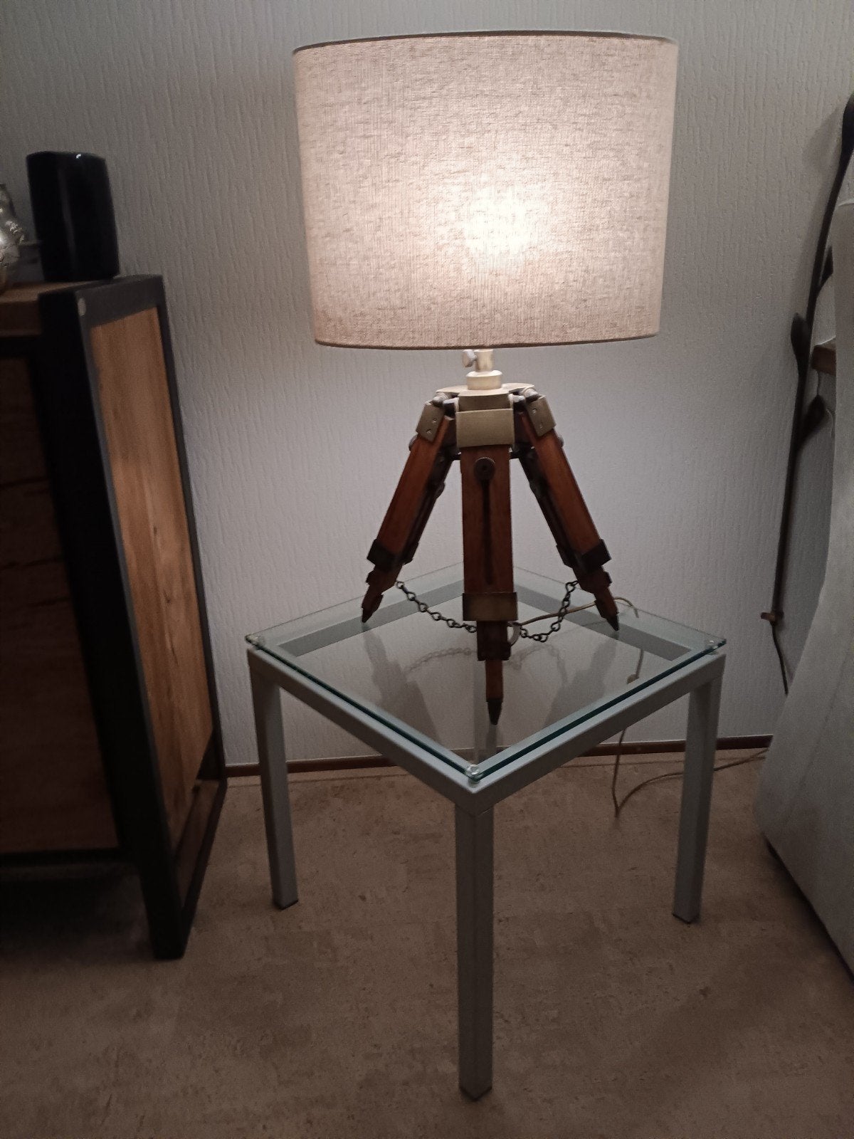 aanlegsteiger Zuiderzee Lamp en glazen tafel, Huis en Inrichting, Zo goed als nieuw, Minder dan 100 cm, Hout, E27 (groot)