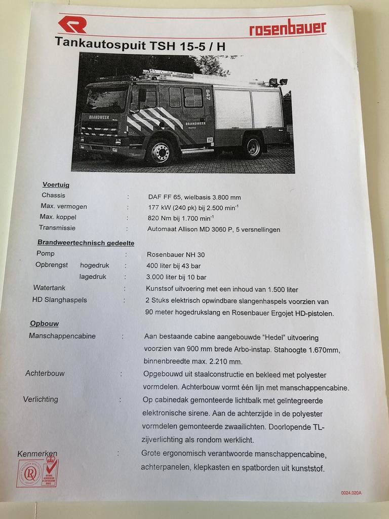 Folder specificatie DAF FF65 Brandweerwagen, Ophalen of Verzenden, Zo goed als nieuw, Overige merken, DAF