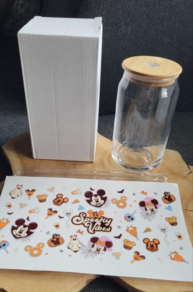 DIY Halloween Mickey & Minnie Spooky Vibes Glas met Sticker, Ophalen of Verzenden, Nieuw, Stickers en Plaatjes