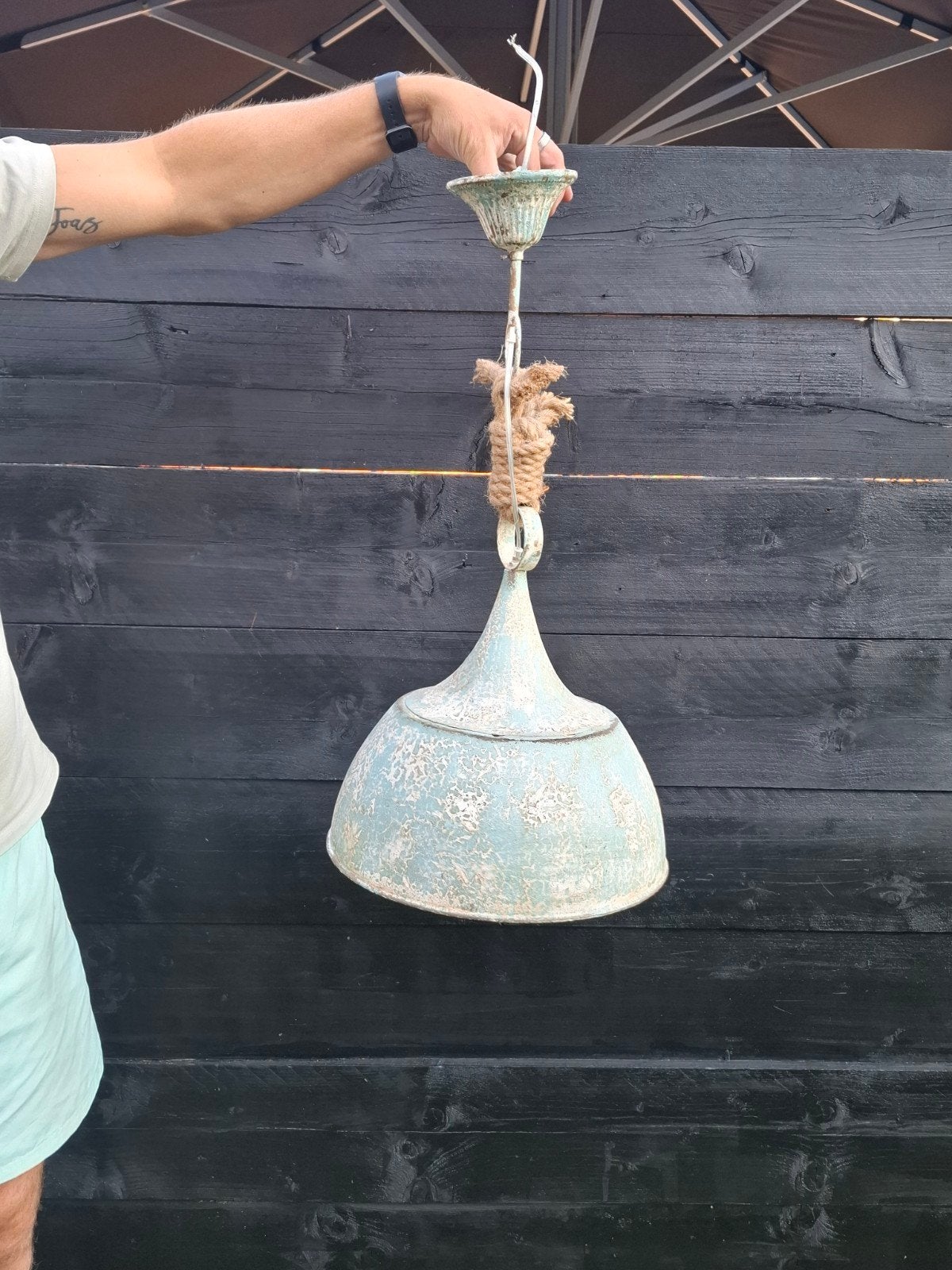 Vintage hanglamp met touwdetails - 36cm diameter, Ophalen, Gebruikt, E27 (groot), Vintage, Rustiek, Landelijk