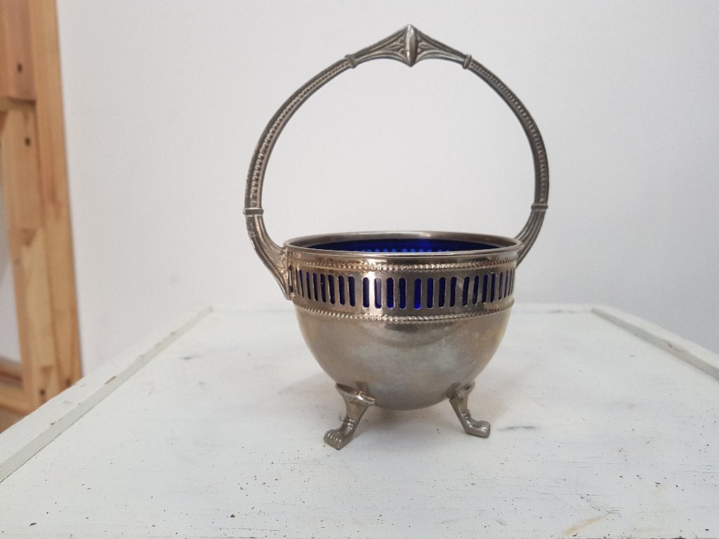 oud  verzilverde  suikerpot met blauw glas, Ophalen of Verzenden