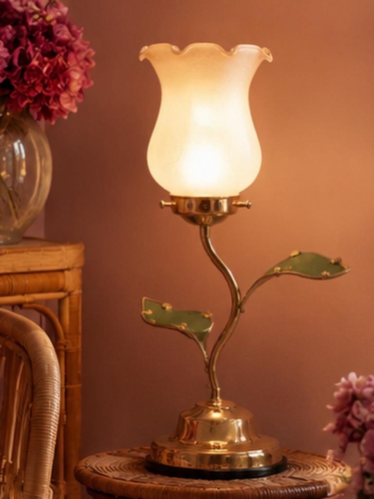 Vintage Lotus Schermer tafellampje - Bloemen design, Ophalen of Verzenden