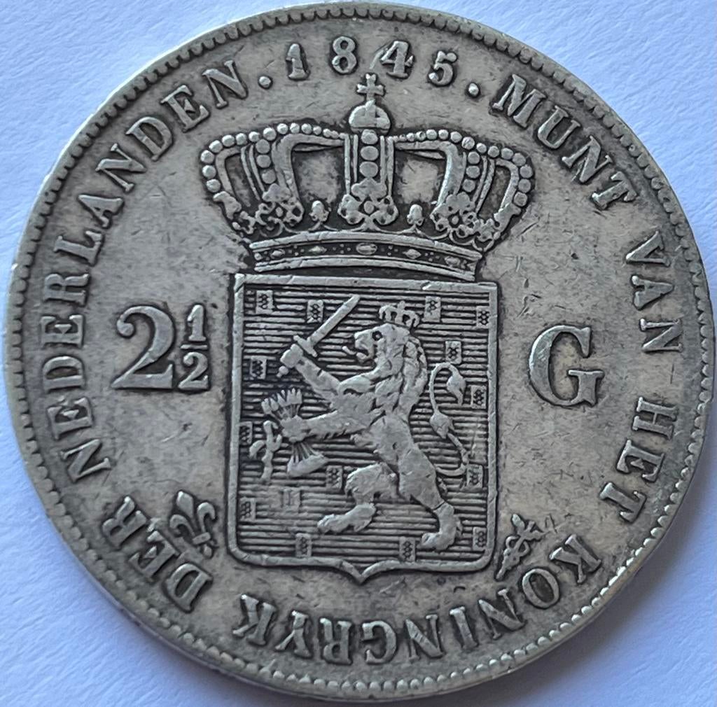 Zilveren rijksdaalder 1845 type A, Zilver, Ophalen of Verzenden, Losse munt, 2½ gulden