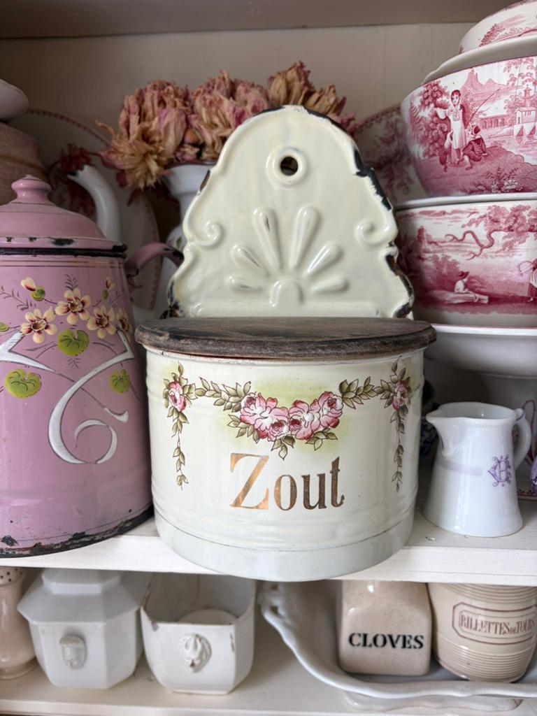 Antieke emaille zoutpot met roze roosjes guirlande, Ophalen of Verzenden