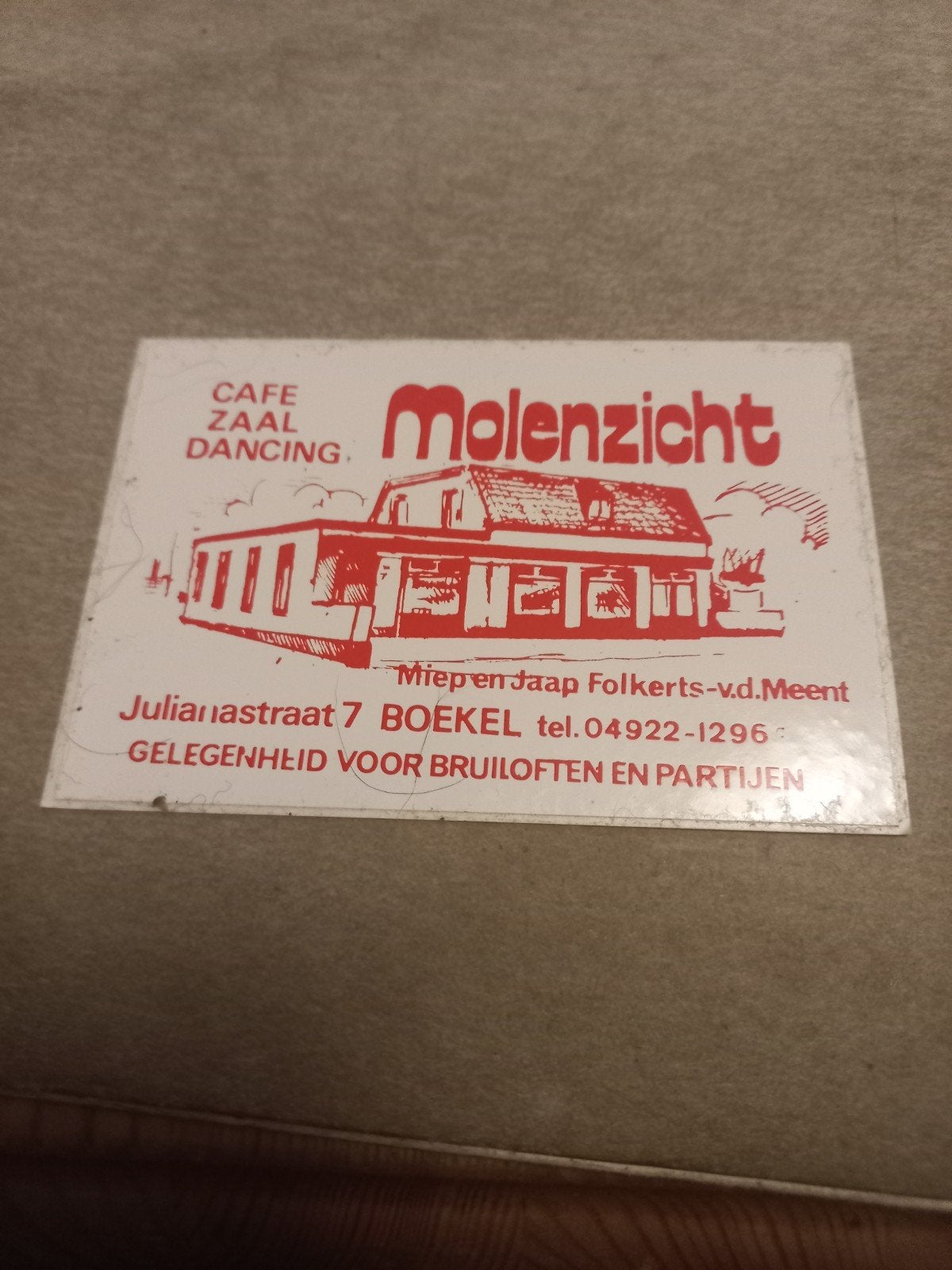 Vintage Reclamestick Cafe Zaal Dancing Molenzicht Boekel, Verzamelen, Ophalen of Verzenden, Gebruikt