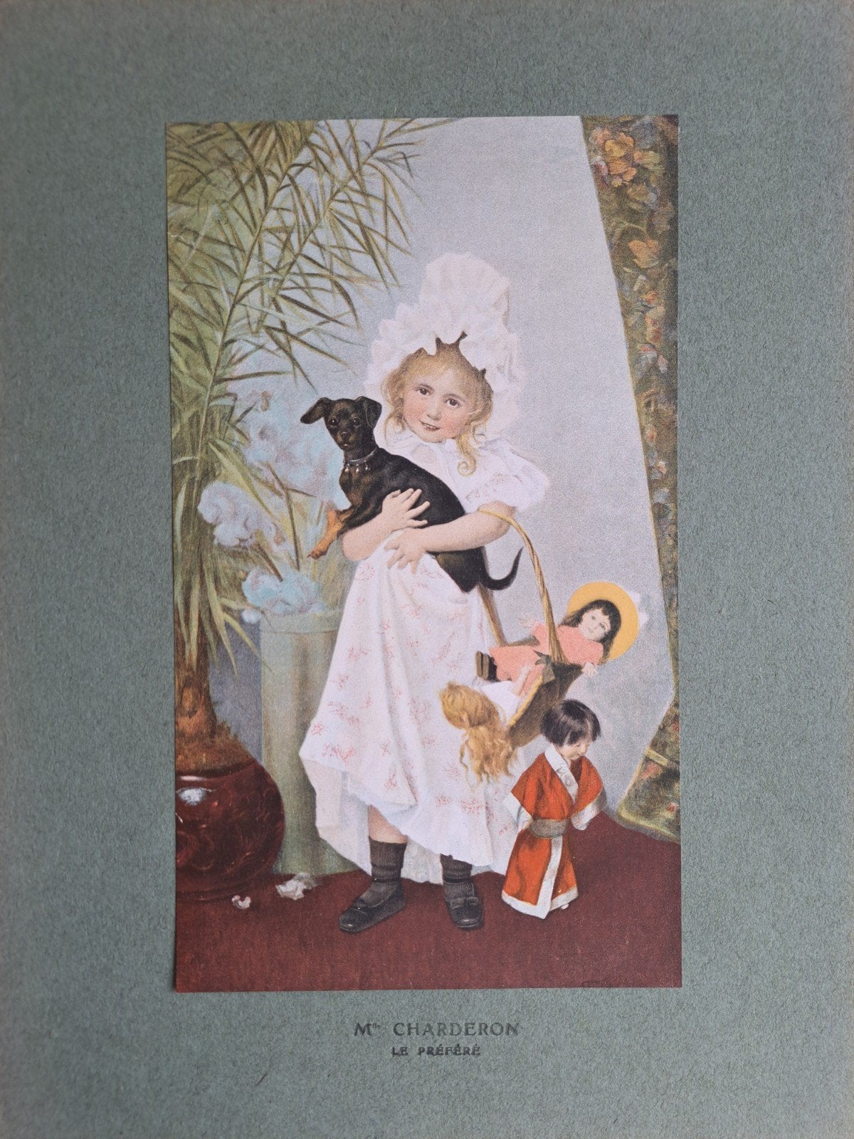 Antieke litho 1900 meisje met hond, Antiek en Kunst, Kunst | Litho's en Zeefdrukken, Ophalen of Verzenden
