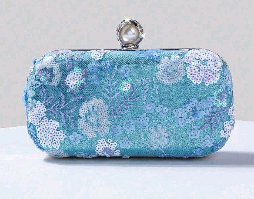 Nieuwe Blauwe Avondtas met Pailletten en Bloemen, Ophalen