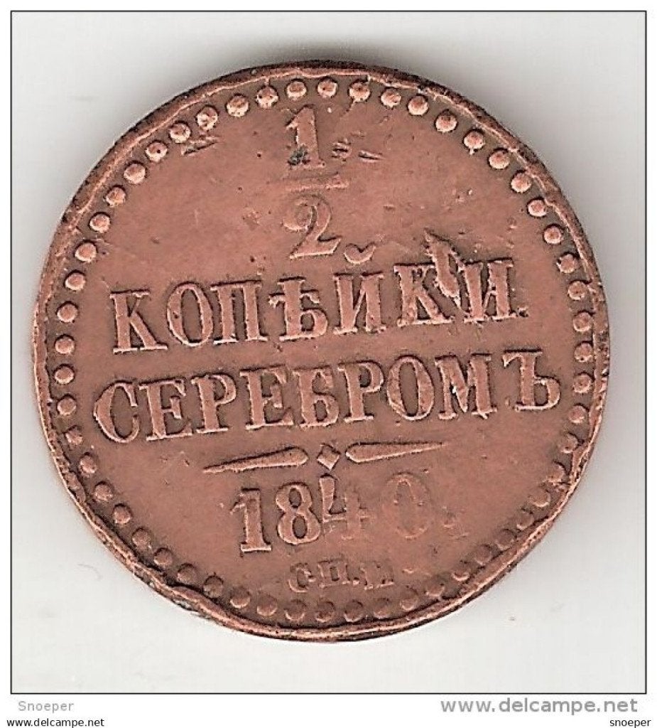 russia 1/2 kopek 1840 km 143.3 vf, Verzenden, Rusland, Losse munt