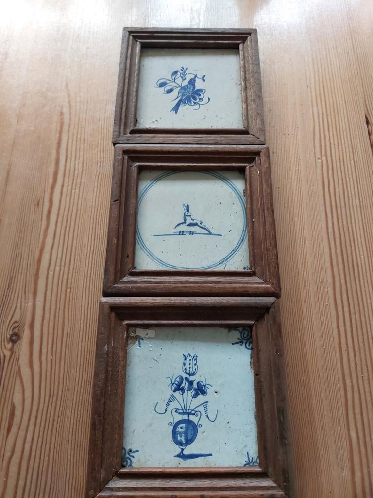 Set van 3 antieke Delfts blauwe tegels in houten lijst, Antiek en Kunst, Antiek | Wandborden en Tegels, Ophalen of Verzenden