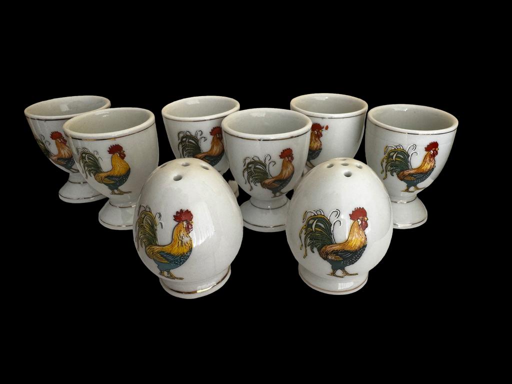 6 vintage eierdopjes Haan met peper/zoutvaatjes, Ophalen of Verzenden