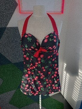Mooi badpak met kersen motief maat XL, Ophalen of Verzenden, Zo goed als nieuw, Zwart, Badpak
