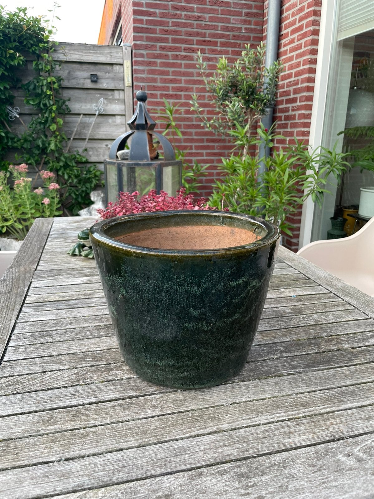 Grote groen geglazuurde bloempot, Tuin en Terras, Steen, Gebruikt, Rond, Ophalen of Verzenden