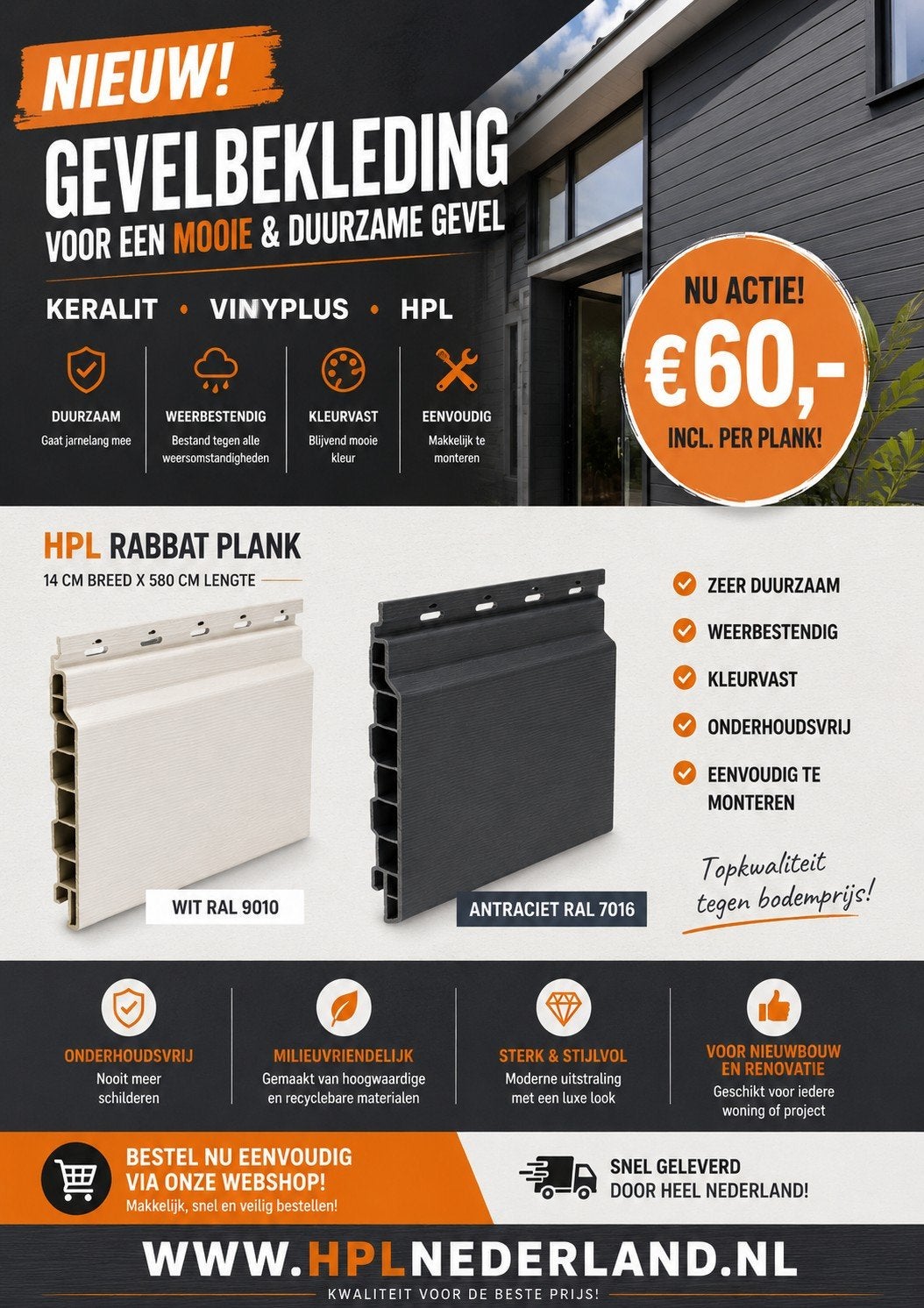 Acties... €60 per plank incl.Kleuren : wit  / Antracietgrijs, Doe-het-zelf en Verbouw, Ophalen of Verzenden, Nieuw, HPL, Minder dan 20 mm