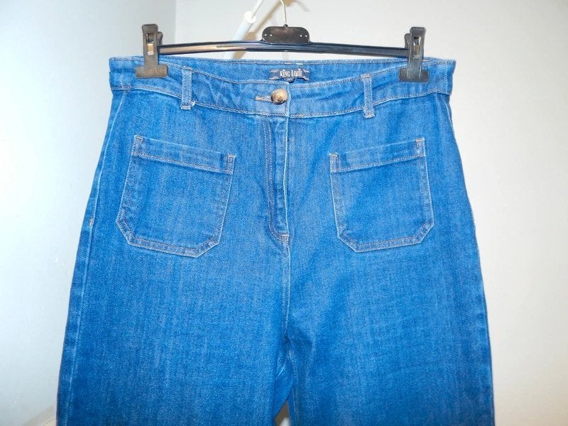 King Louie blauwe jeans broek zakken voorkant mt 42, Kleding | Dames, Broeken en Pantalons, Maat 42/44 (L), Zo goed als nieuw