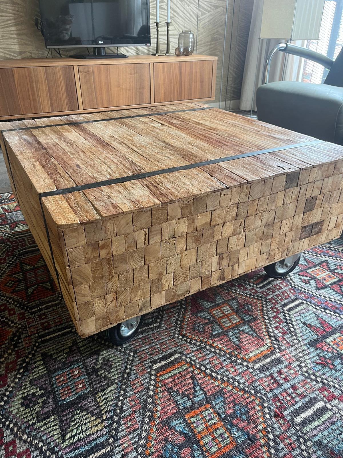 Houten salontafel met wielen 80x80 cm, Ophalen, Gebruikt, 50 tot 100 cm, 50 tot 100 cm