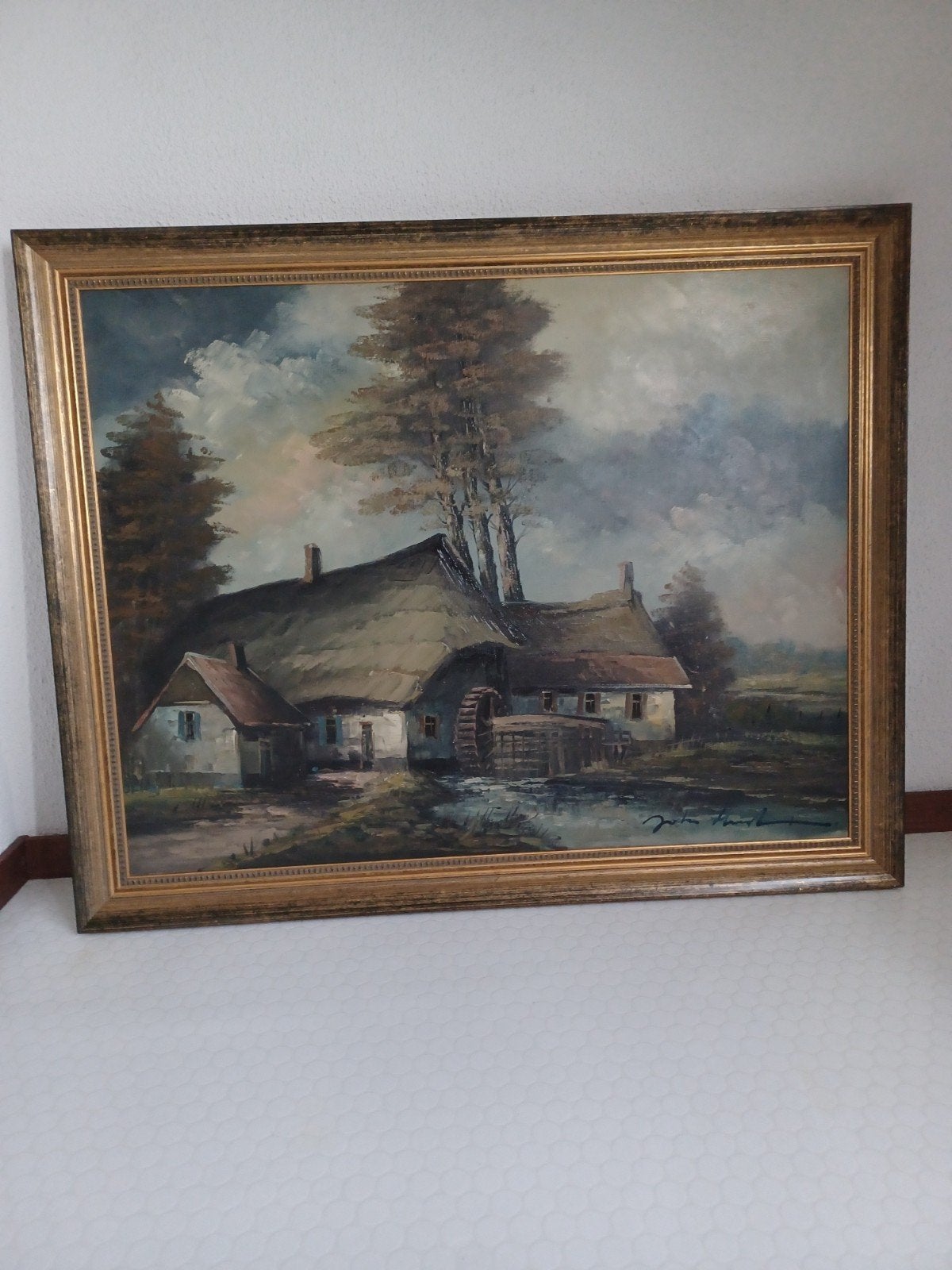Olieverfschilderij 'De Watermolen' door J. Houtman, Doek, Realistisch, Ophalen of Verzenden, Landschap