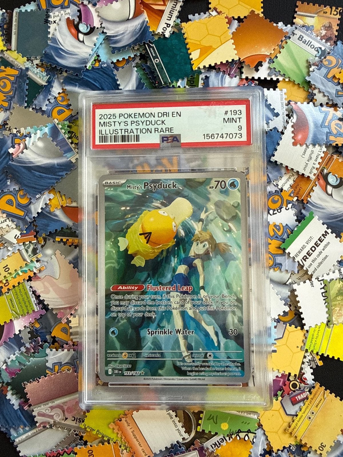 Misty's Psyduck 2025 Pokemon Dri En PSA 9 Mint #193, Ophalen of Verzenden, Zo goed als nieuw, Losse kaart
