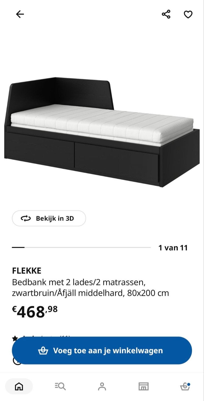 Ikea Flekke bed met logeerbed en 2 matrassen, Ophalen, Zwart, Tweepersoons, Zo goed als nieuw