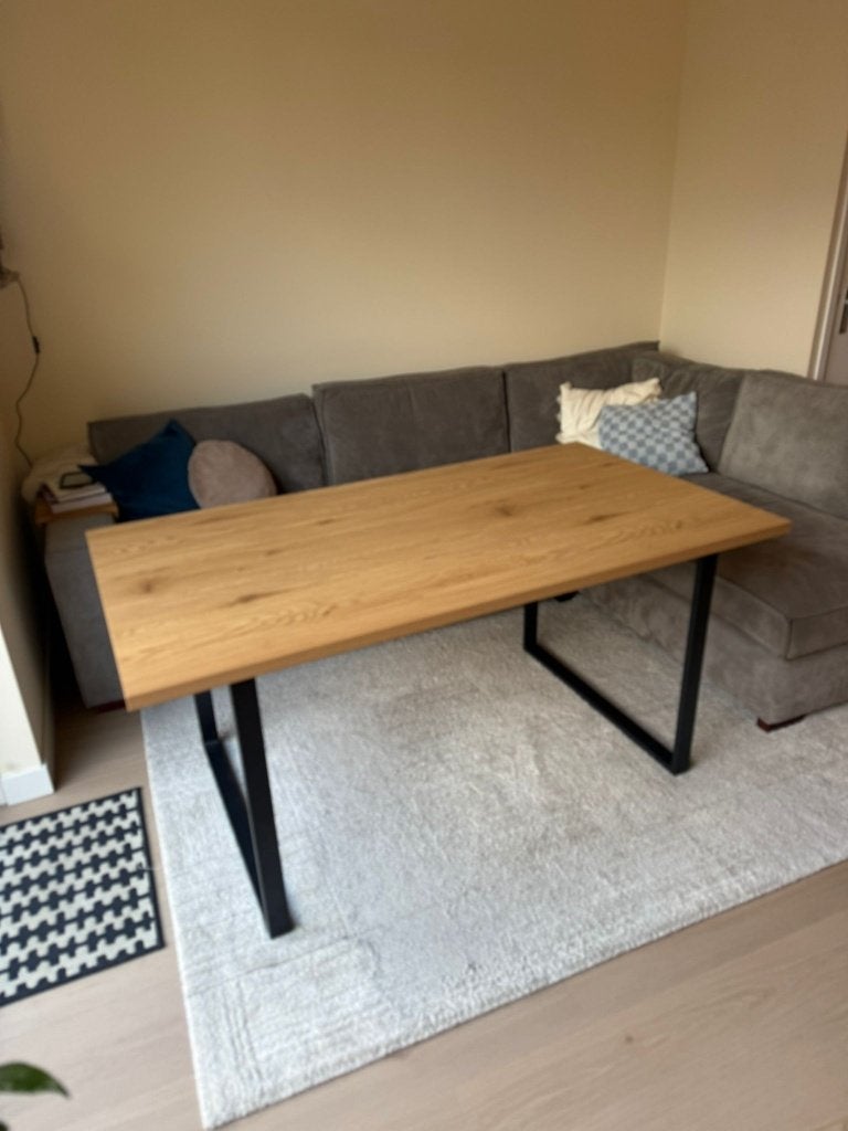 Eikenhouten eettafel met metalen onderstel, Ophalen, Gebruikt, 50 tot 100 cm, Modern industrieel