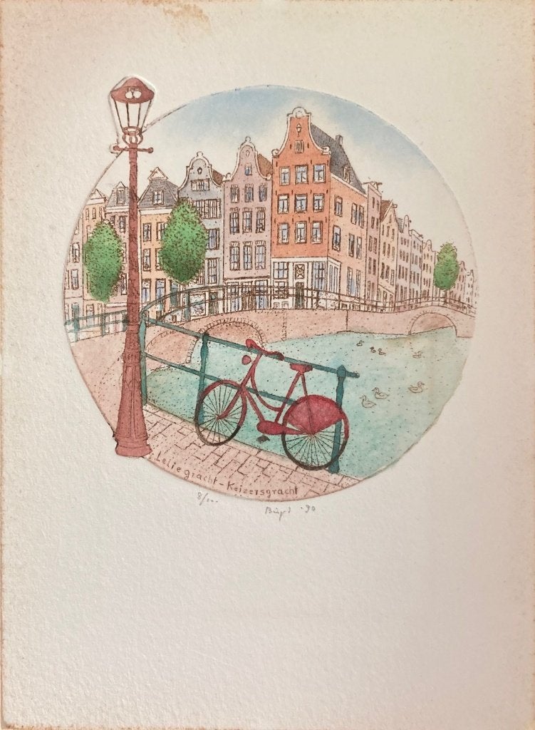 Ingekleurd etsje hoek Leliegracht - Keizersgracht, Antiek en Kunst, 2000 tot heden, Handgekleurd, Ets, Stadsgezicht