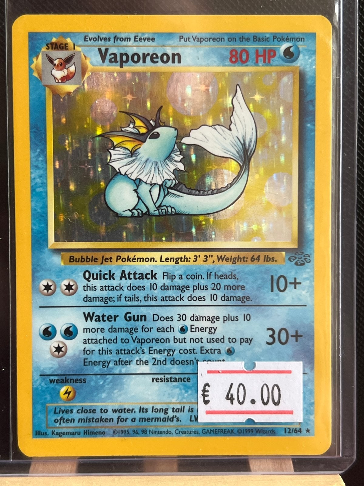 Vaporeon Holo Jungle Set Pokémon Kaart 12/64 WOTC, Ophalen of Verzenden, Gebruikt, Losse kaart, Foil