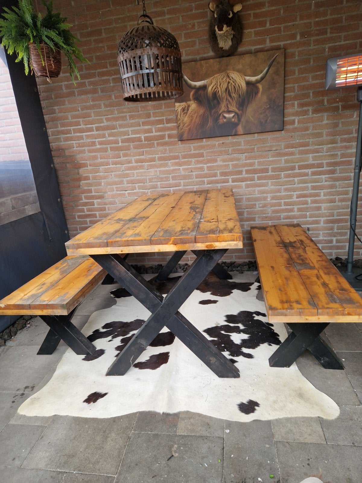 Robuuste houten tafel met banken 150x80 cm, Tuin en Terras, Ophalen, Gebruikt, Rechthoekig, Hout
