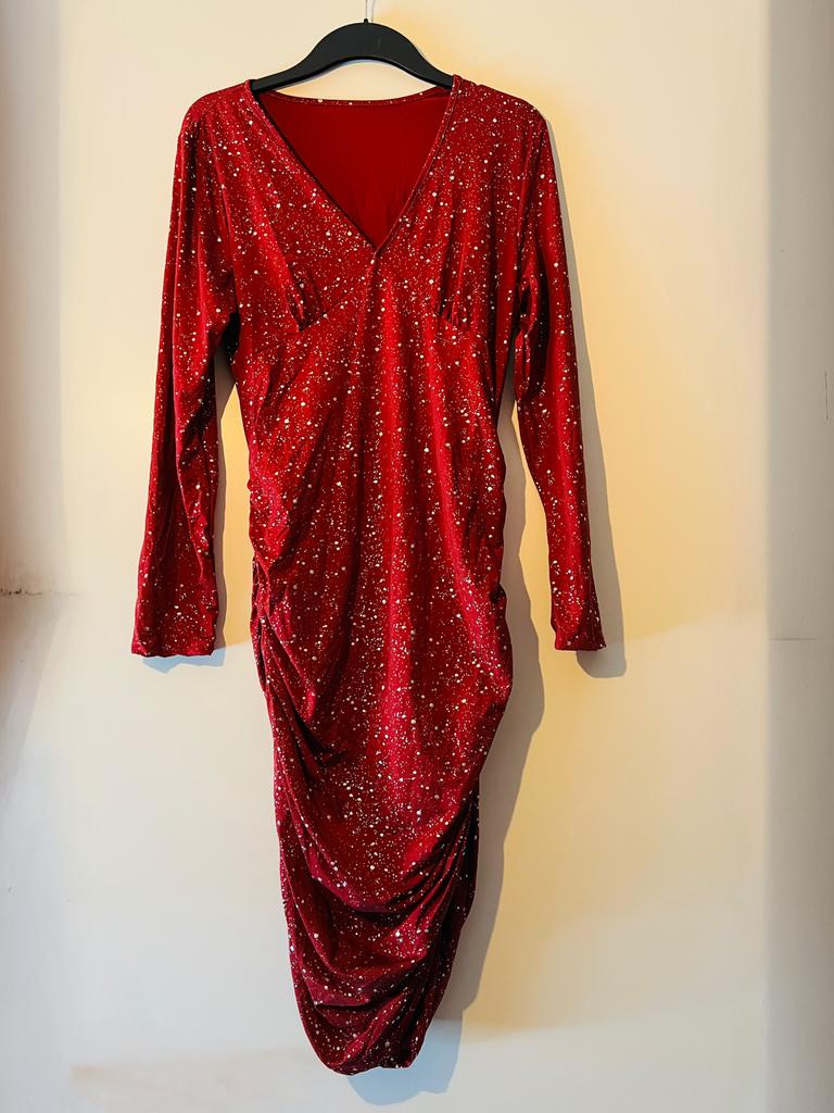 Jurk rood met glitters XL, Maat 46/48 (XL) of groter, Ophalen of Verzenden, Zo goed als nieuw, Boven de knie