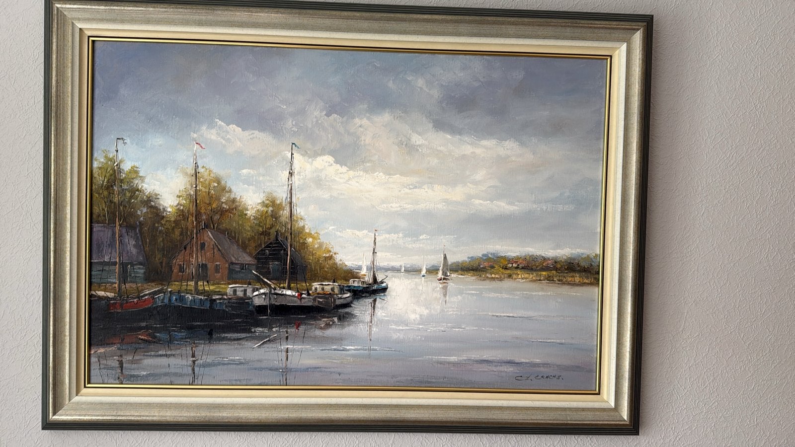 Schilderij G. Ernens - Waterlandschap Reeuwijkse Plassen, Ophalen, Maritiem / water, Doek, Realistisch