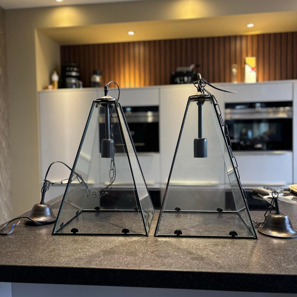 Twee sfeervolle hanglampen / decoratieve windlichten, Huis en Inrichting, Ophalen, Gebruikt, Glas, Minder dan 50 cm