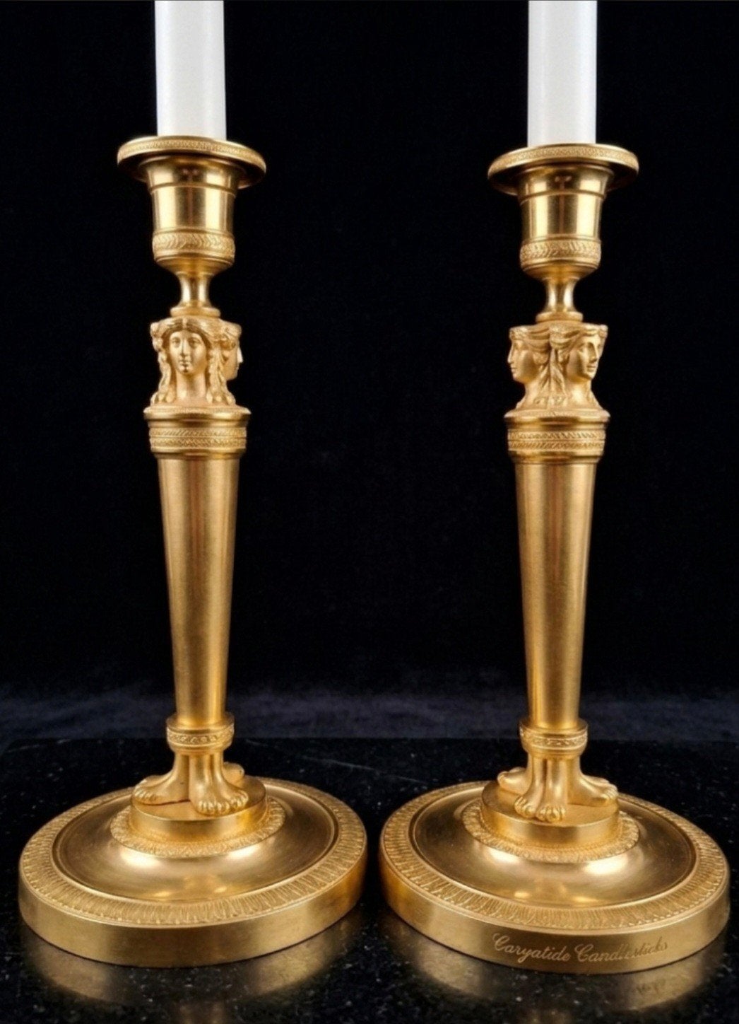 Antieke bronzen empire vuurvergulde kandelaars, Ophalen, Koper of Brons