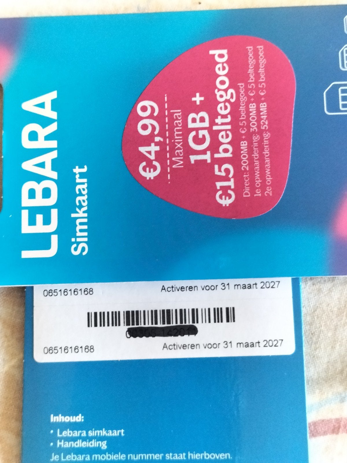 0651616168 MOOI NUMMER LEBARA PREPAID SIMKAART NUMMER, Ophalen of Verzenden, Nieuw, KPN, Simkaart
