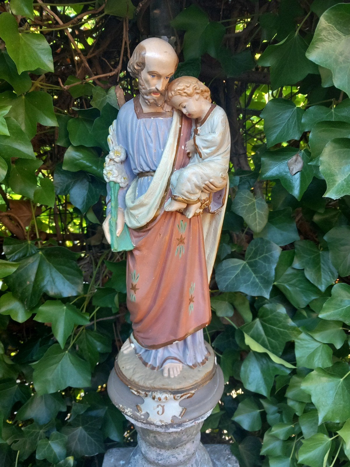 Antiek beeld van Sint Jozef met kindje Jezus, 43 cm, Ophalen of Verzenden