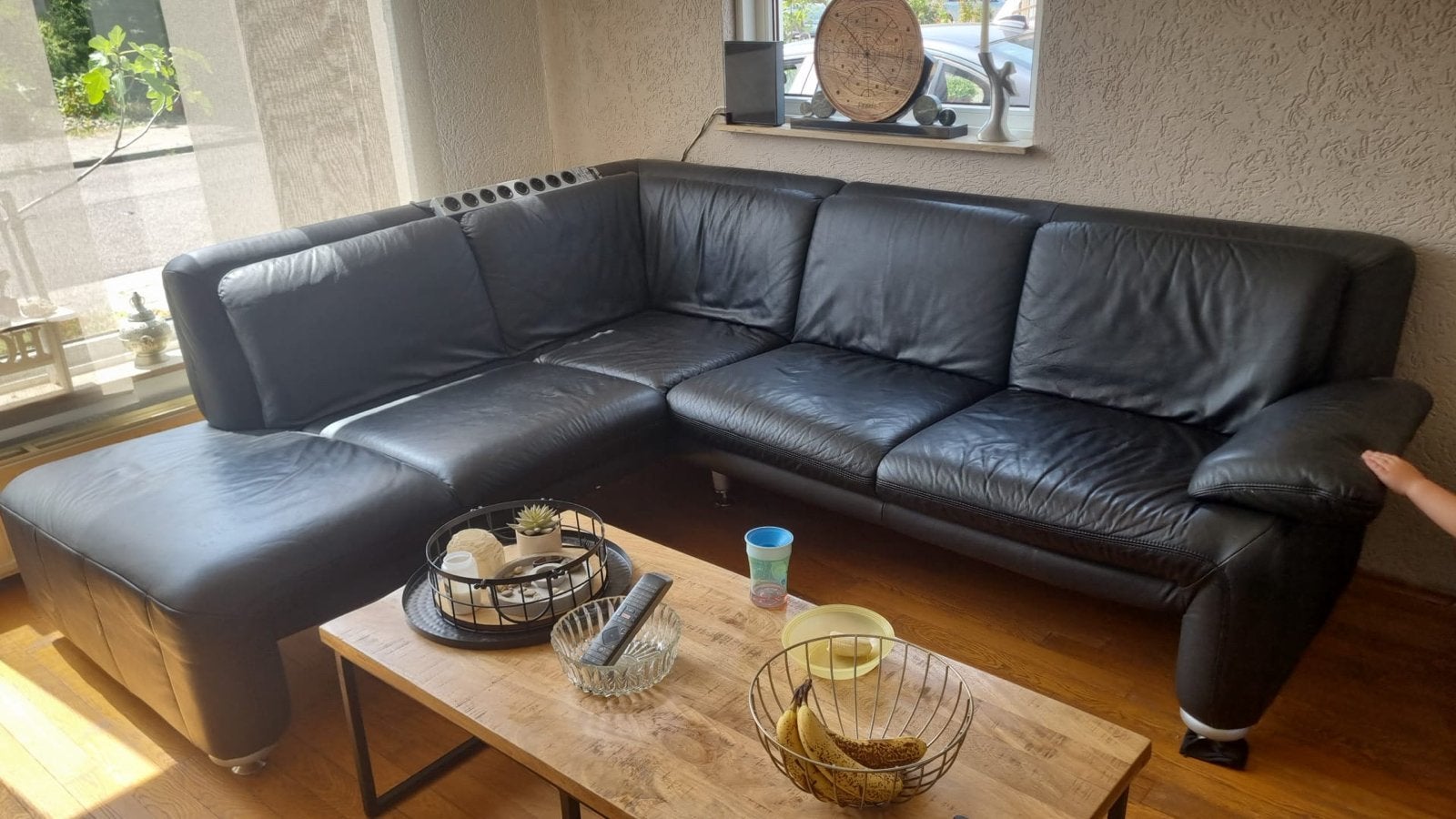 Zwarte Leren Hoekbank, Huis en Inrichting, Banken | Bankstellen, 250 tot 300 cm, Gebruikt, 100 tot 125 cm, Hoekbank