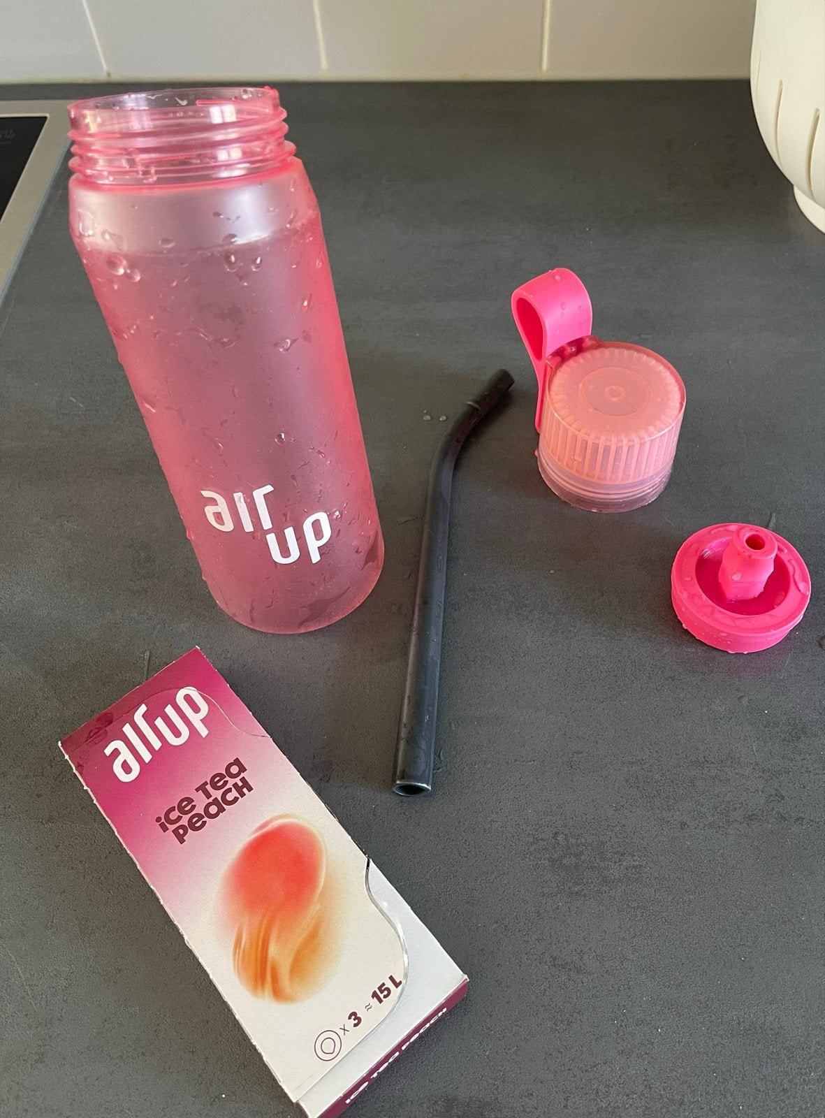 Air Up drinkfles met Ice Tea Peach pod en rietje, Sport en Fitness, Bidons, Ophalen of Verzenden, Gebruikt
