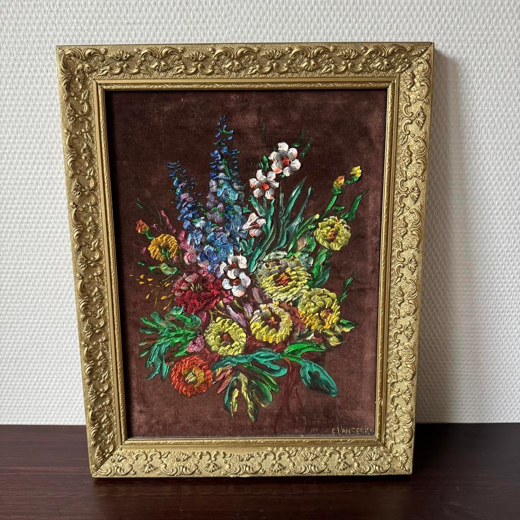 Vintage op Stof Geschilderd Bloem Boeket Schilderij, Lijst, Ophalen of Verzenden