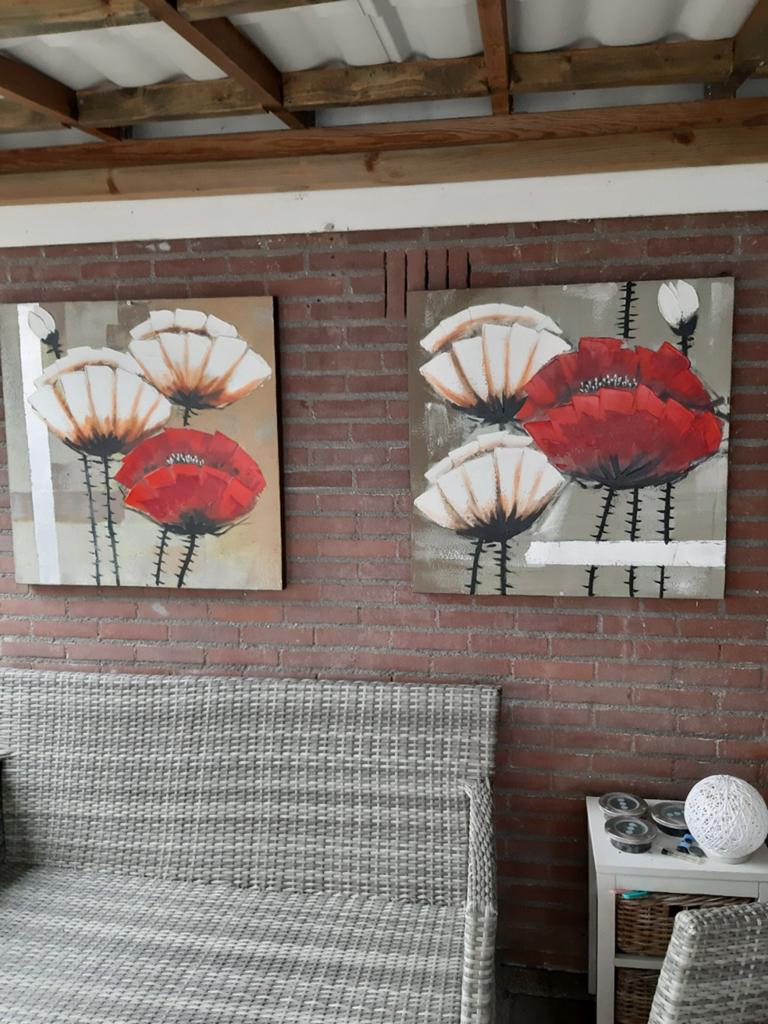 Set van 2 schilderijen met klaprozen, Ophalen of Verzenden