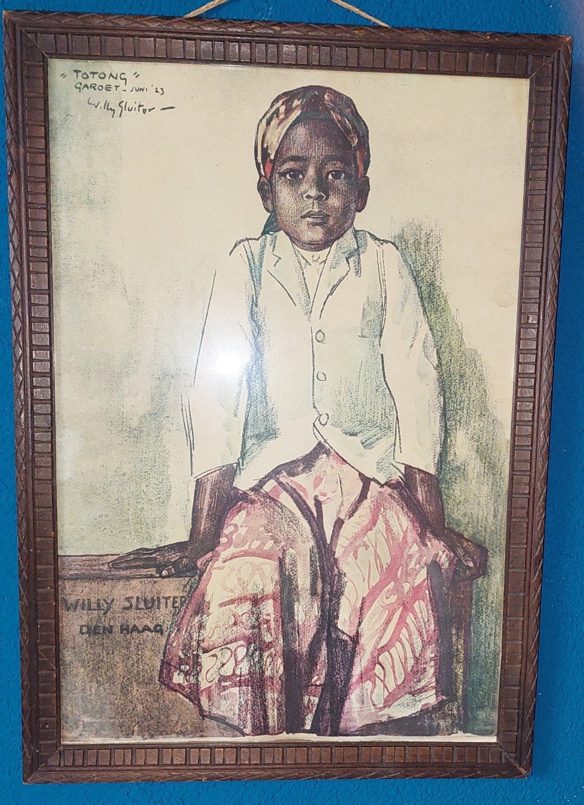 Ingelijste prent Willy Sluiter "Indische Jongen Totong", Ophalen of Verzenden