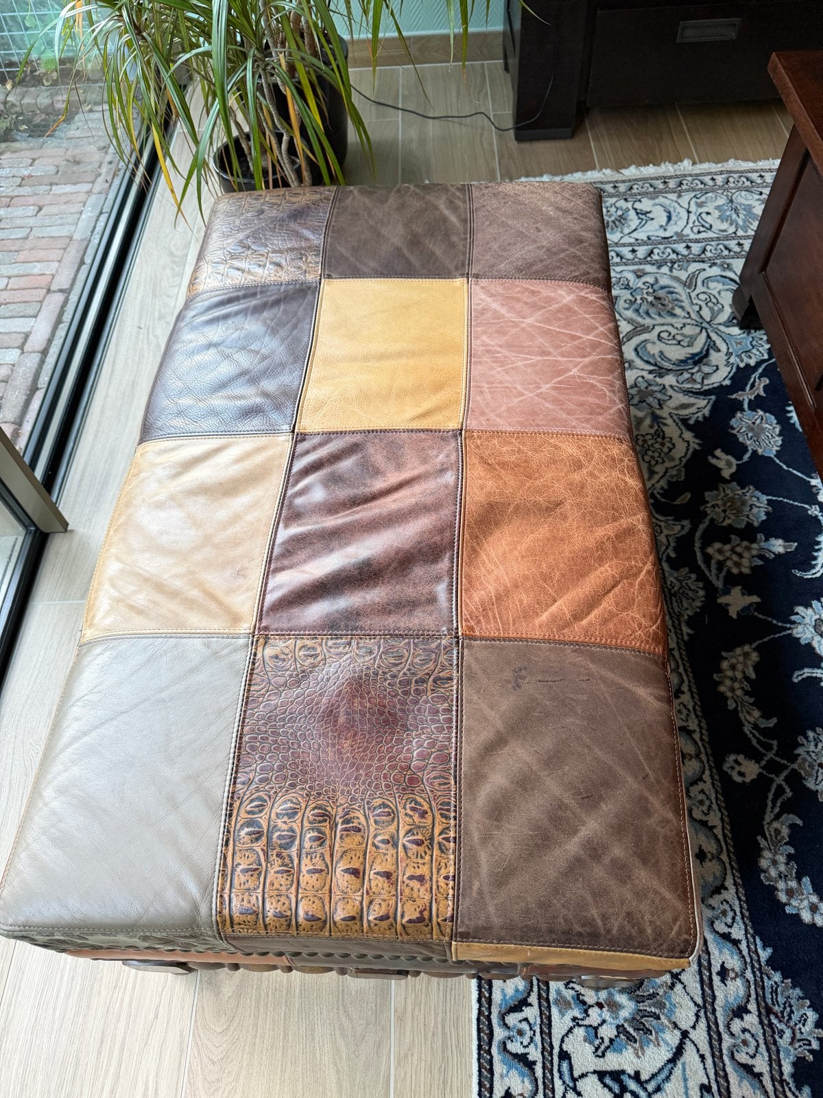 Leren poef met patchwork design - 110x60x40 cm, Ophalen, Gebruikt, 100 tot 125 cm, Leer