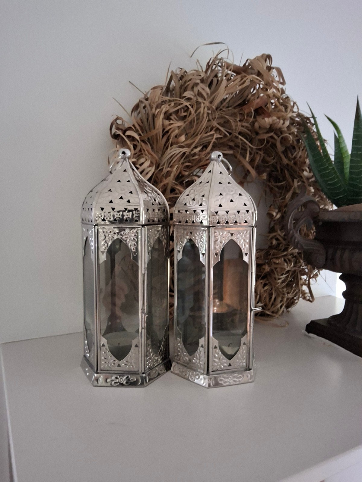 Set van 2 zilverkleurige Marokkaanse lantaarns - 30 cm, Ophalen of Verzenden