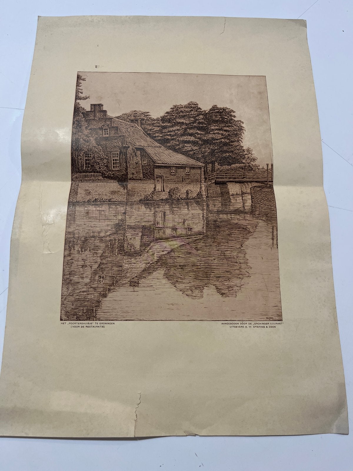 Het Poortershuisje te Groningen - Gravure, Antiek en Kunst, 1800 - 1899, Met tekst, Stadsgezicht, Ophalen of Verzenden